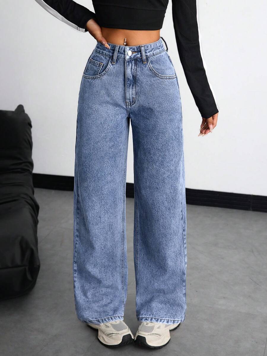 SHEIN EZwear 女士宽松休闲口袋阔腿牛仔裤 - 中等水洗藍 - 查看 1
