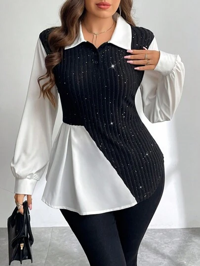 Firerie 大码女式亮片拼布撞色不对称下摆衬衫