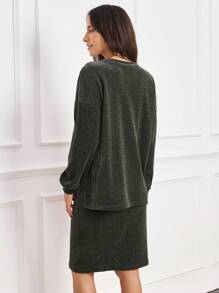 SHEIN Bộ 2 áo bầu cổ tròn trễ vai và chân váy bó sát eo có thể điều chỉnh màu trơn, Thu/Đông - xanh quân đội - Xem 7