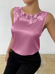 EMERY ROSE 女式无袖衬衫，配缎面拼布和蕾丝花边，无袖上衣 - 粉色 - 查看 6