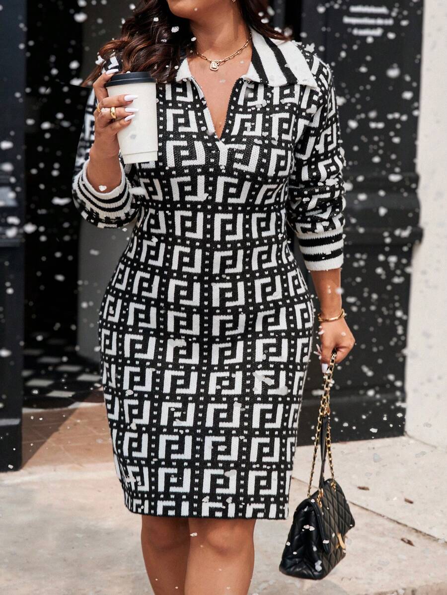 Franclia Plus Size Autumn/Winter Casual Geometric Pattern Bodycon Sweater Dress - Multicolor - View 1