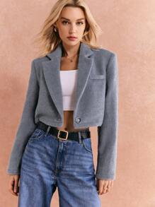 Poéselle Áo khoác vest ngắn màu xám, Áo khoác cổ đứng đơn hàng khuy đơn giản cho nữ, Mùa thu, Lông thú, May đo ba chiều, Thời trang đơn giản, Phong cách tiền cũ, Thích hợp mặc hàng ngày trên phố, đi làm và các dịp khác - Xám - Xem 4