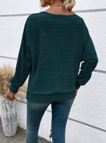 EMERY ROSE Women's Casual Dark Green Knitted Pullover With Batwing Long Sleeves And Boat Neck Rib Knit Regular Length Top - Dark Green - View 2