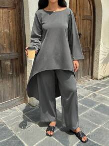 INAWLY 大码两件套西装直袖前短后长设计休闲纯色不对称下摆衬衫和裤子套装，秋季通勤风格