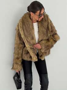 Aloruh Brown Fluffy Short Jacket Warm Coat For Young Women, Y2K Style