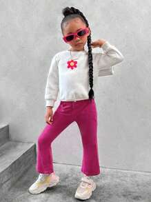 SHEIN Explorewe Young Girls New Y2K Style Fuchsia Color Energetic Denim Flared Pants, Suitable For Daily Wear Colorful Outfit - Pink - View 7