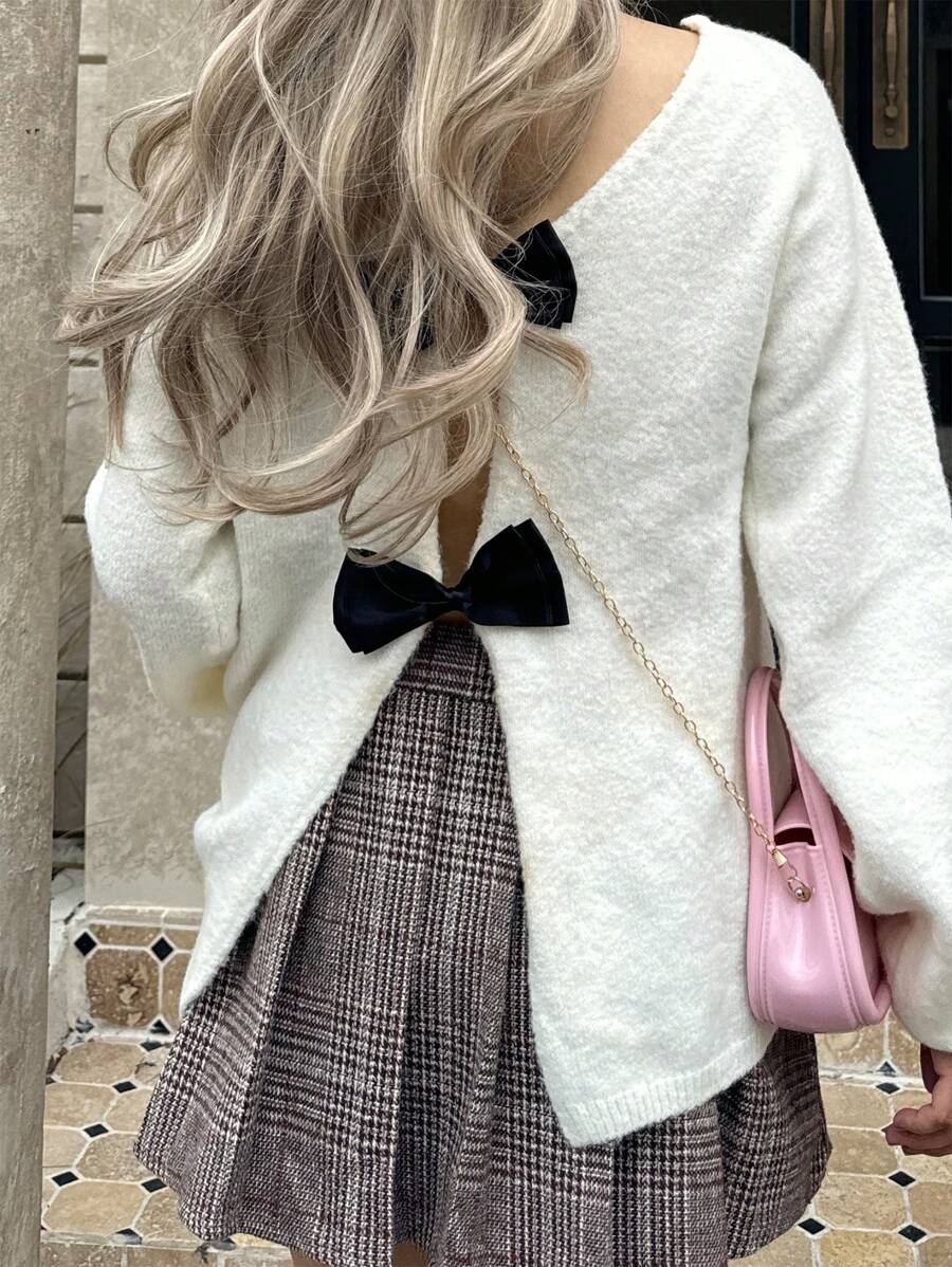 Chiquease Fashionable Loose V-Neck Backless Bow Tie Knit Sweater For Women, Knit Pullover Fall Winter - Apricot - View 1
