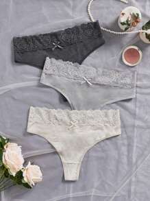 3pcs/Set Plus Size Lace Trim Thong Panties