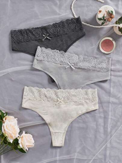 3pcs/Set Plus Size Lace Trim Thong Panties