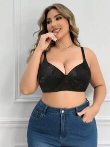 1 pieza Sujetador de lencería con soporte de aros, cómodo y transpirable, sin costuras, con diseño de encaje, para tallas grandes - Negro - Ver 6