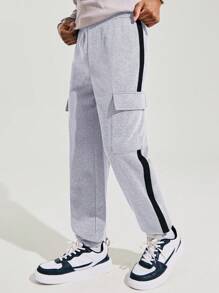 SHEIN Teen Boys 2 Pieces Casual Outfit Set - Includes Striped Sweatpants With Pockets & Drawstring Waist, Suitable For Fall, Winter, Casual, Sports, Birthday, And More - Grey And Black Colors