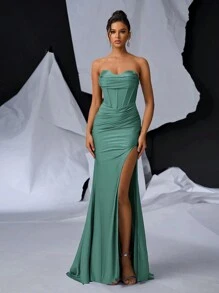 Glamrae 优雅性感露肩领口紧身胸衣鱼尾开衩拖尾礼服晚礼服、正式舞会礼服、婚礼宾客礼服、毕业礼服、晚宴礼服、派对礼服 - 綠色 - 查看 3