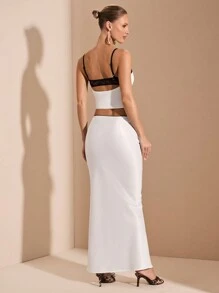 SHEIN BAE Women 2pcs Set:Black And White,Summer,Elegant,Seductive,Night Out Ruched Camisole Backless Satin Top,Low-Waist Mermaid Hem Mini Skirt,Halloween Party - Black and White - View 2
