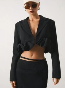 SHEIN Unity 女式纯色缺口领长袖短款休闲工作夹克，秋季 - 黑色 - 查看 7