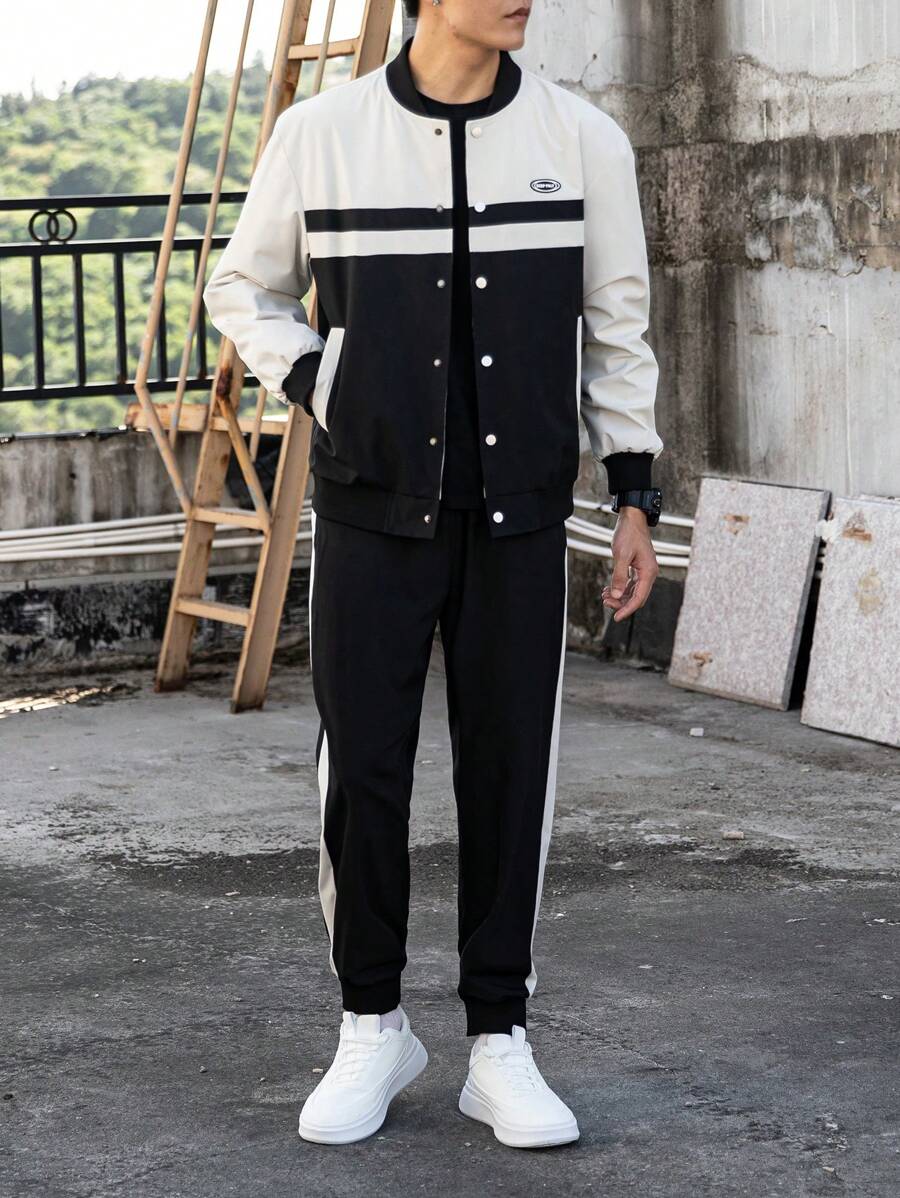 Manfinity Homme Bộ 2 món áo khoác bóng chày và quần nỉ chạy bộ màu trơn đơn giản cho nam, mùa xuân/thu - màu đen - Xem 1