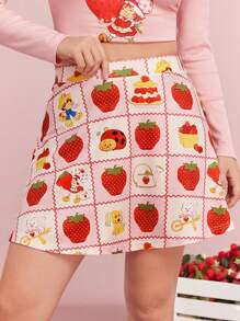 Strawberry Shortcake X SHEIN Summer Sweet And Cute Style Strawberry Pattern Pink Stretch Skirt