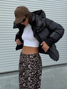 EURMUSE Zip Up Bright Hooded Slant Puffer Padded Coat - Black - View 6