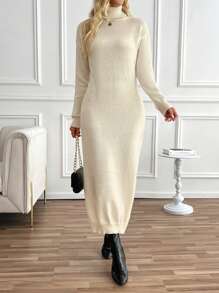 Chiquease 新款舒适宽松针织毛衣裙女装欧美风格高领时尚秋冬装 - 杏色 - 查看 6