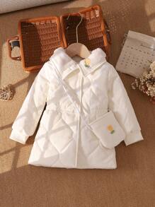 Baby Girls Thickened Quilted Jacket With Embroidered Fluffy Collar, Winter - Apricot - View 5