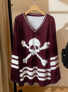 SHEIN EZwear Punk Y2K Style Skull Print Long Sleeve Varsity Jacket - Burgundy - View 4