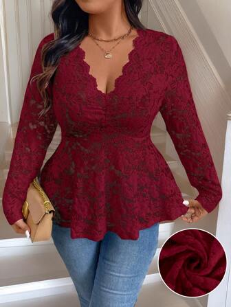 Flouryn 1pc Plus Size Women Solid Color V-Neck Ruffle Hem Elegant Long Sleeve Top For New Year Fall Cloth For Women