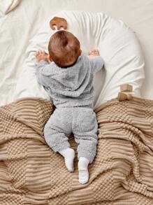 SHEIN 新生男童/女童可爱刺绣字母连帽夹克和裤子 2 件套，秋冬 - 淺灰色 - 查看 2