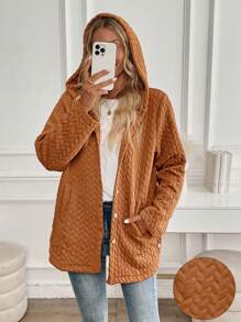 SHEIN Unity Casual Textured Button-Up Loose Hooded Jacket, Autumn - Coffee Brown - View 6