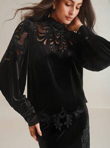 Anewsta Women Stand Collar Lantern Sleeve Lace Embroidery Velvet Blouse And Straight Skirt 2pcs Suit Set, Autumn/Winter - Black - View 4