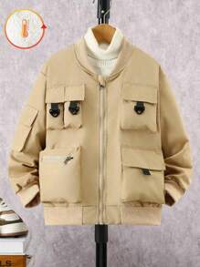 SHEIN Jaket Lengan Panjang Saku Warna Polos untuk Anak Laki-Laki Usia Remaja - Khaki - View 3