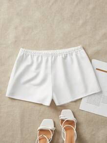 SHEIN BASICS 女士休闲纯色针织高腰宽松短裤 - 白色 - 查看 1