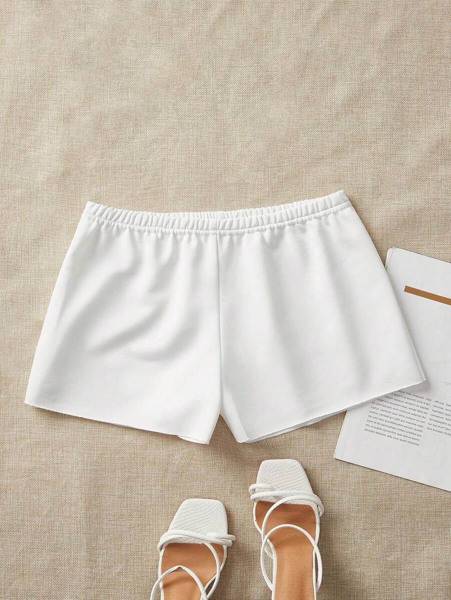 SHEIN BASICS 女士休闲纯色针织高腰宽松短裤 - 白色 - 查看 1