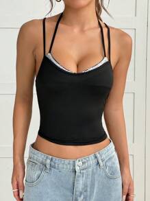 SHEIN EZwear 1 Stück Glitzer Patchwork Dekonst​ruiertes Top mit dünnen Trägern - Schwarz - Übersicht 3