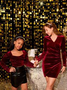 SHEIN Teen Girls' Burgundy Velvet Elegant Ruched Waist Mini Dress With Long Sleeves - Burgundy - View 2