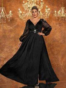 SHEIN Belle Plus Size Black Handmade Embroidered 3D Pearls Satin & Denim A-Line Slit Elegant Formal Evening Gown, Long Sleeve Prom Dress, For Wedding Guest, Graduation, Dinner