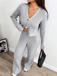 SHEIN EZwear 女士纯色 V 领前扣长袖上衣和裤子针织套装 - 黑色 - 查看 4