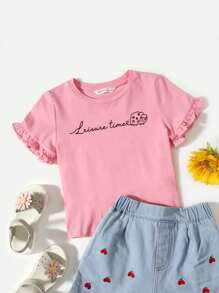 SHEIN Leap Crew Toddler Girls Frill Cuff Cartoon Graphic Tee - Pink - View 1