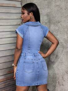 SHEIN Slayr Women's Zipper Half-Placket Short Sleeve Casual Bodycon Denim Mini Dress - Light Wash - View 2