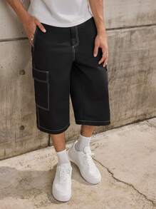 Forever 21 Quần lửng ống rộng thoải mái cho nam đi dạo phố có đường khâu tương phản màu đen, phù hợp cho mùa hè - màu đen - Xem 2