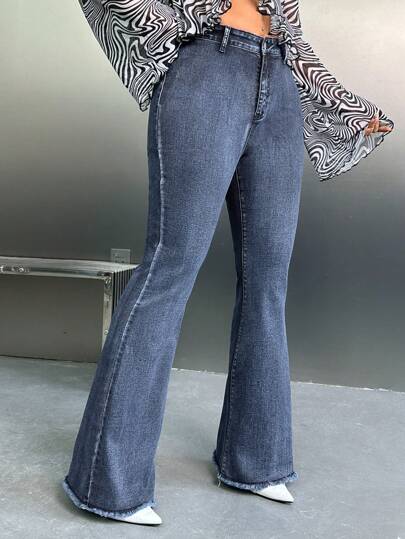 SHEIN ICON Plus Size Front Button Simple Flared Jeans, Casual Daily Wear