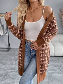 SHEIN Unity Cardigan Longgar Wanita Kasual Motif Kotak-kotak dengan Bukaan Depan - Coffee Brown - View 7
