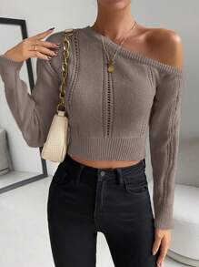 Chiquease 纯色不对称领口休闲长袖套头毛衣针织衫秋冬款 - 咖啡棕 - 查看 4