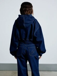 AiiRZ 连帽牛仔拉链短款夹克实用风格工作服时尚飞行员夹克冬季秋季春季 Y2K 街头风格结构化日常休闲 - 寶藍色 - 查看 2