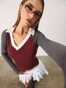 SURIMA Camiseta larga de manga larga con cuello en V, de terciopelo acanalado y bloque de color, cálida, para otoño/invierno, para mujer