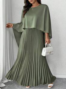 Elenzga 大码宽松 V 领斗篷上衣 + 缎面褶皱长裙两件套，优雅出游和聚会之选