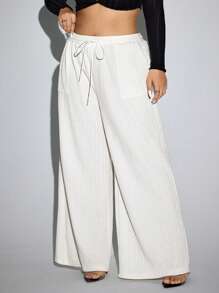 SHEIN SXY Plus Size Casual Solid Color Drawstring Waist Wide Leg Pants, Autumn - White - View 6