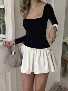 SHEIN Frenchy Combishort casual avec blocs de couleurs pour femmes, printemps/automne - Noir et Blanc - Voir 1