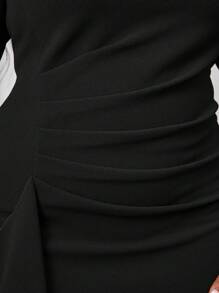 SHEIN Lady 秋冬圣诞派对礼服优雅复古工作婚礼酒会深红色针织圆领铅笔荷叶边新品紧身连衣裙大码连衣裙伴娘服 - 黑色 - 查看 5