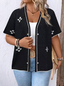 大码假日休闲拼色饰边几何印花短袖开衫 - 黑色 - 查看 3