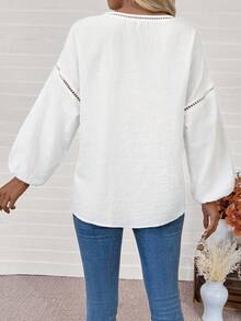 Chiquease Áo sơ mi tay đèn lồng cổ tròn màu trắng giản dị, thiết kế tối giản, trang phục hàng ngày, mùa thu - trắng - Xem 2