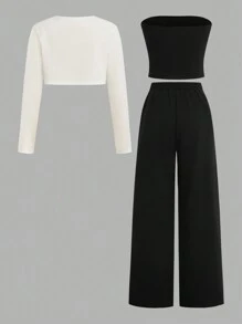 Sweetra Young 3pcs/Set Teenage Girls Elegant Imitated Commuter Simple Vest & Camisole & Pants Set, Autumn Winter